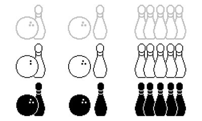 pixel art bowling  icon set isolated on white background
