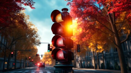 Traffic light sign change color on big city crossroad. Streetlight regulate traffic on megapolis highway closeup. Green red lights warning drivers on street.