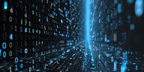 Naklejka premium 3d blur binary data with dots and lines. Depth of field effect . Concept for big data, deep machine learning, artificial intelligence, business technology background. virtualization, futuristic,data 