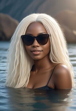 Fashion outdoor photo of beautiful sensual woman with blond hair in elegant swimming suit and sunglasses posing in water