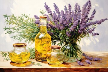 Bouquet of lavender flowers and olive oil in glass bottles