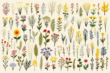 Hand drawn illustration of wildflowers and herbs,  Collection of floral elements - obrazy, fototapety, plakaty