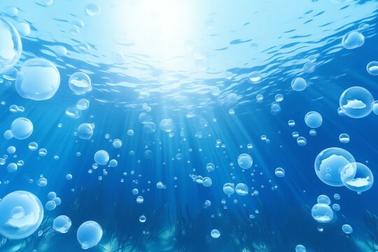 Underwater scene with bubbles and sun rays,  Underwater background