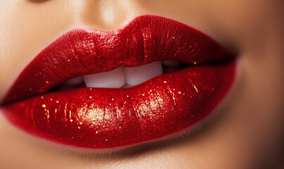Obraz premium Beautiful closeup with female plump lips with red color makeup. Shine style.