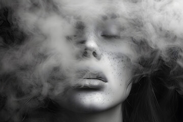 A portrait art photo of a girl with her head covered by clouds or smoke, creating a dreamy and surreal atmosphere.