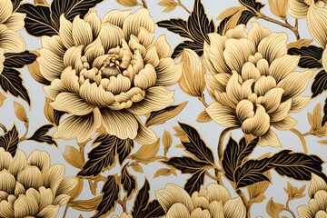Seamless pattern with golden chrysanthemums on a gray background