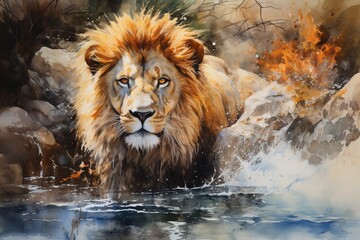 Obraz premium lion cartoon watercolor clipart lion illustration Generative AI