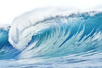 Blue ocean wave with white foam on white background