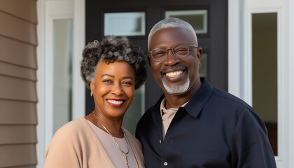 Grey haired middle aged african american couple standing in front on new home