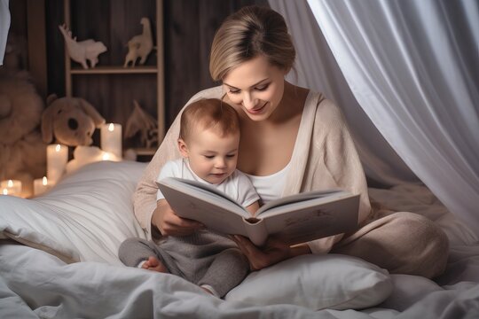 Cute baby reading with his mother Interesting story Generative AI