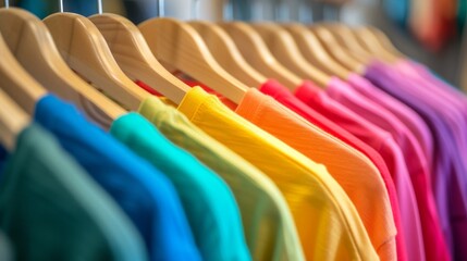 Rainbow colors, clothes on wooden hangers