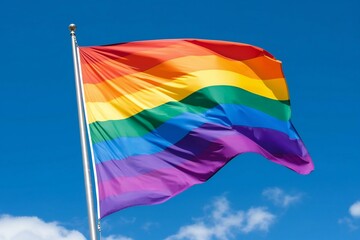 Rainbow flag waving in the wind on a background of blue sky
