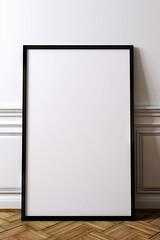 empty empty picture frame mockup  standing on light wooden floor on white wall,blank photo 
