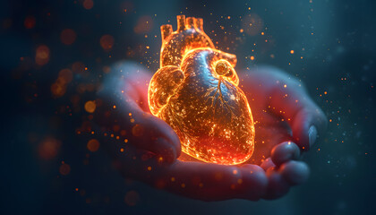 Human heart with cardiogram. Emergency ECG monitoring. .Copy space