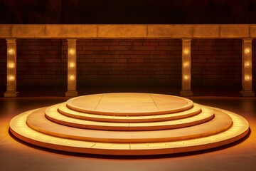 Fototapeta na wymiar Podium with lighting, Stage Podium Scene with for Award Ceremony on brick wall background