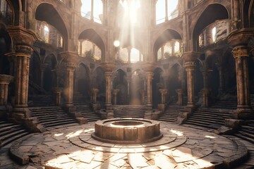 Fantasy interior with a fountain in the old church - obrazy, fototapety, plakaty