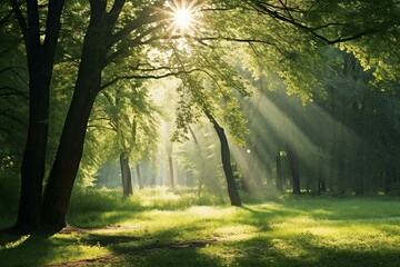 Fototapeta na wymiar Morning in the forest, Sunlight in the green forest, Summer landscape