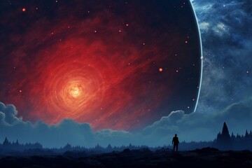 Fantasy landscape with a man standing at the edge of the planet