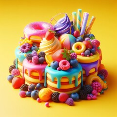 Colorful delicious beautiful cakes isolated on a bright yellow background. Tasty dessert food concept in minimalism style. Realistic 3D render. Wide screen wallpaper, for design and banners.