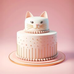 Delicious beautiful cake with cat decor isolated on a pastel pink background. Tasty dessert food concept in minimalism style. Realistic 3D render. Wide screen wallpaper, for design and banners.