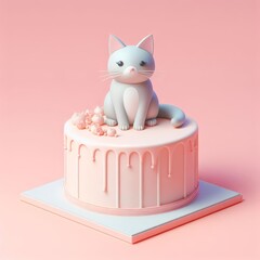 Delicious beautiful cake with cat decor isolated on a pastel pink background. Tasty dessert food concept in minimalism style. Realistic 3D render. Wide screen wallpaper, for design and banners.