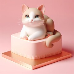 Delicious beautiful cake with cat decor isolated on a pastel pink background. Tasty dessert food concept in minimalism style. Realistic 3D render. Wide screen wallpaper, for design and banners.