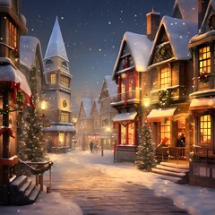 Fototapeta na wymiar Snowy street in old town at night, 3d illustration.