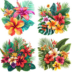 exotic tropical flower clipart, featuring vibrant and unique tropical flowers, set in a lush tropical environment, on a white background.