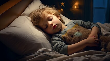 A little boy in pajamas sleeping next to a toy bear in bed. The problem of sleep in children. A favorite toy