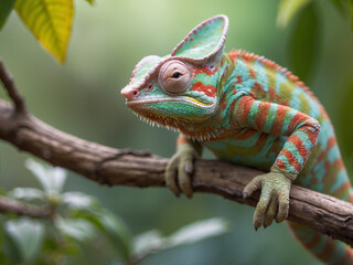 Colorful chameleon sitting on a branch in nature, Macro photography