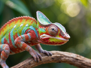 Obraz premium Colorful chameleon sitting on a branch in nature, Macro photography