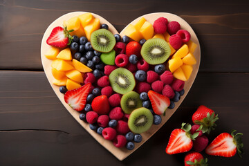Heart-shaped slice of various fruits arranged on wooden table