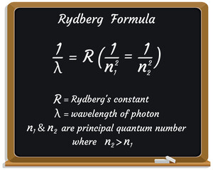 Rydberg Formula on a black chalkboard. Education. Science. Formula. Vector illustration.