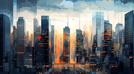 Panoramic view of the city at sunset. Vector illustration.