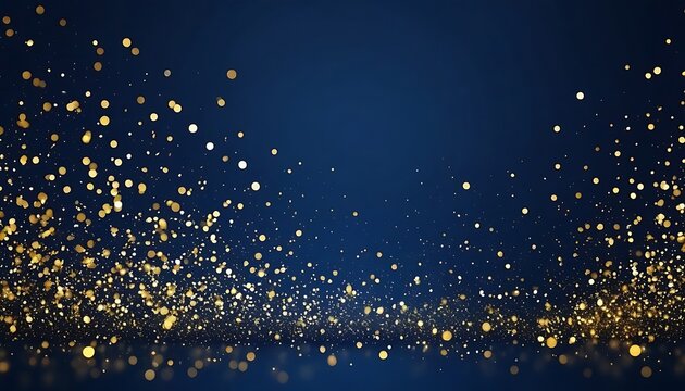 Golden particles on dark blue background abstract background. Shiny background for holiday, winning or celebration concept.