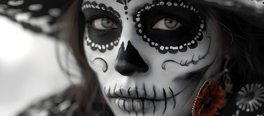 Naklejka premium A young woman with black and white skull makeup for the Day of the Dead celebration, also suitable for Halloween and costume parties.