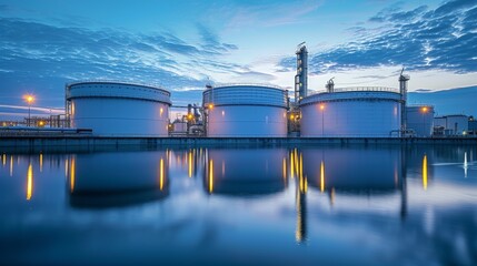 Obraz premium An oil storage tank set against a blue sky with lights