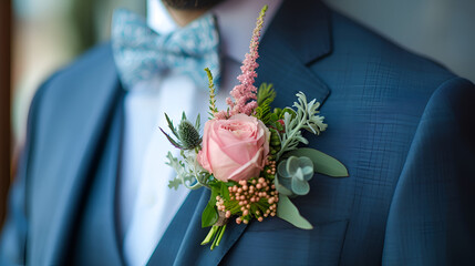 Groom in a fashionable modern suit with a boutonniere close-up, banner. generative ai - obrazy, fototapety, plakaty