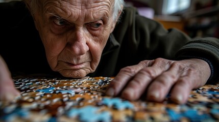 An elderly man with autism his face etched with concentration as he works on a puzzle.