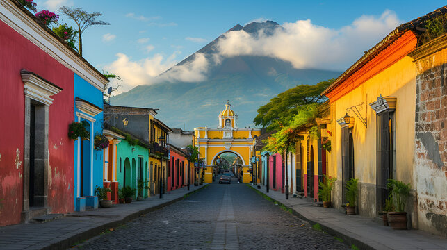 Cityscape of the colorful main street of Antigua city, generative ai
