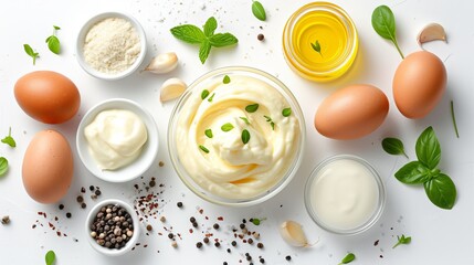 Homemade mayonnaise and mayonnaise ingredients isolated on a white background - obrazy, fototapety, plakaty