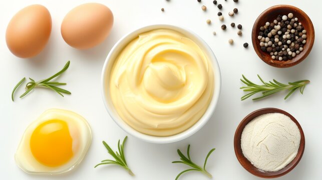 Homemade mayonnaise and mayonnaise ingredients isolated on a white background