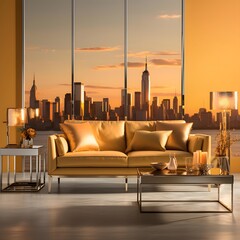 modern living room with golden sofa and coffee table, 3d render