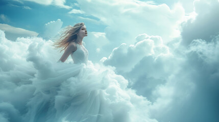 Dreamy Cloudscape with Elegant Woman in Flowing White Gown