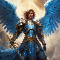 Archangel Michael in the clouds wearing armor and a sword. Powerful Holy Angel of God - obrazy, fototapety, plakaty
