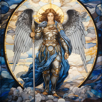 Archangel Michael in the clouds wearing armor and a sword. Powerful Holy Angel of God