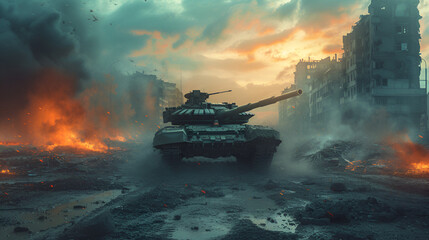 armored tank crosses a mine field during war invasion epic scene of fire and some in destroyed city as banner with copyspace area telephoto lens realistic lighting. generative ai