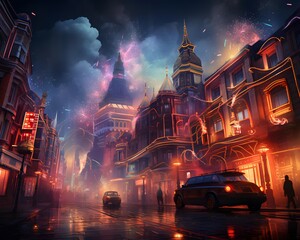 Digital painting of a street in London at night, United Kingdom.