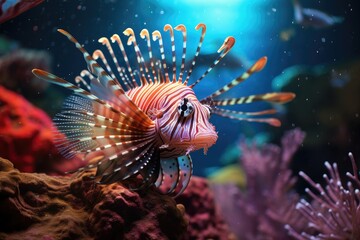 Naklejka na ściany i meble Lionfish Lurking: Coral with a lionfish.