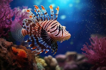 Fototapeta na wymiar Lionfish Lurking: Coral with a lionfish.